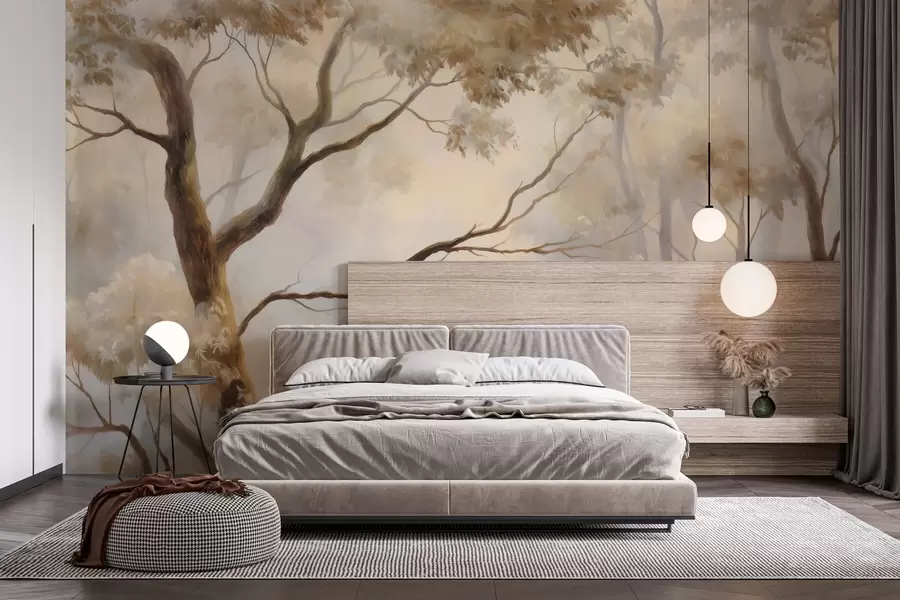 murais de parede A floresta na leve névoa matinal. Uma pintura atmosférica delicada no estilo de uma paisagem artística w04817