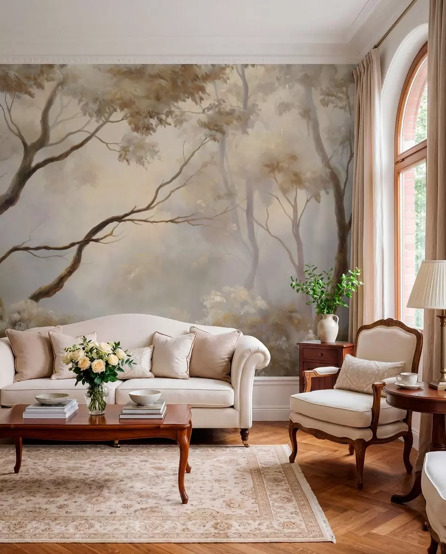murais de parede A floresta na leve névoa matinal. Uma pintura atmosférica delicada no estilo de uma paisagem artística w04817