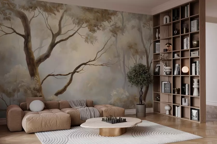 murais de parede A floresta na leve névoa matinal. Uma pintura atmosférica delicada no estilo de uma paisagem artística w04817