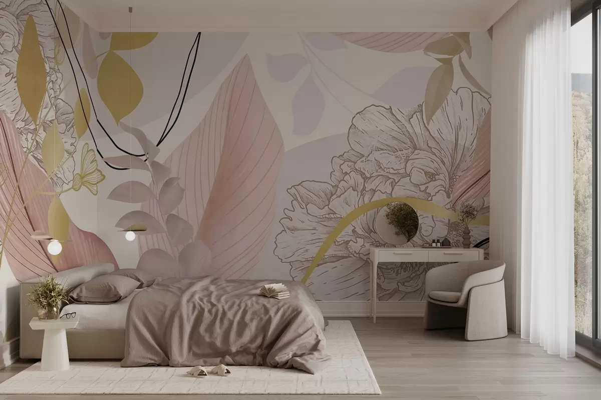 murais de parede Estampa floral abstrata com folhas grandes em tons de rosa suave, amarelo com finas linhas pretas e contornos florais brancos w09544v1