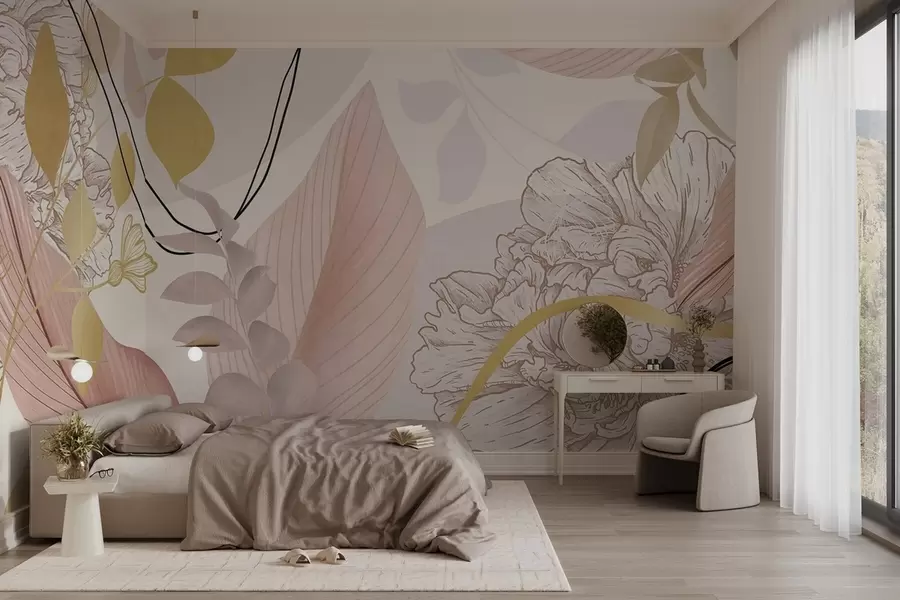 murais de parede Estampa floral abstrata com folhas grandes em tons de rosa suave, amarelo com finas linhas pretas e contornos florais brancos w09544v1