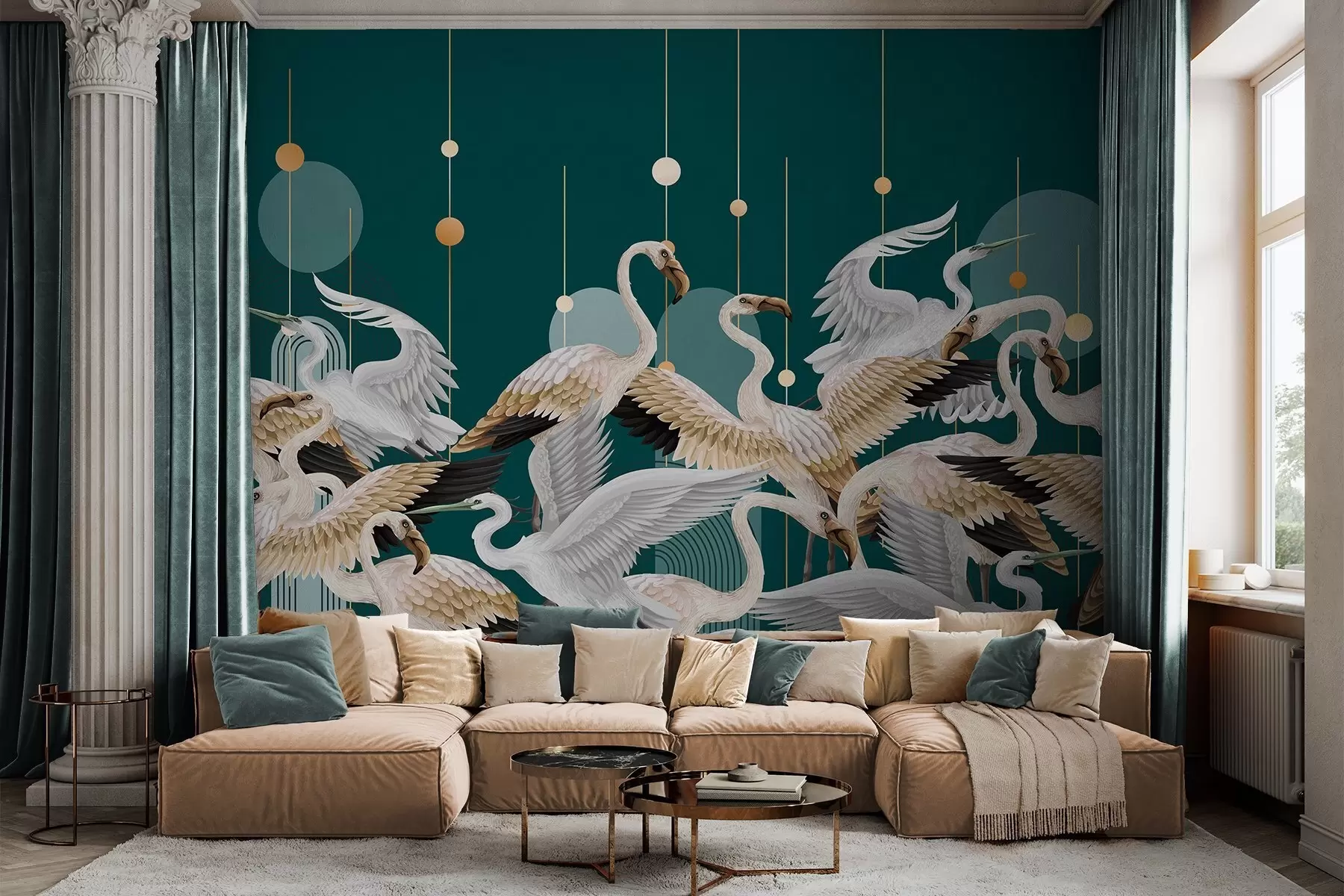murais de parede Um bando de flamingos brancos com asas delicadas, contra um fundo azul-petróleo escuro com linhas e círculos amarelos w09546