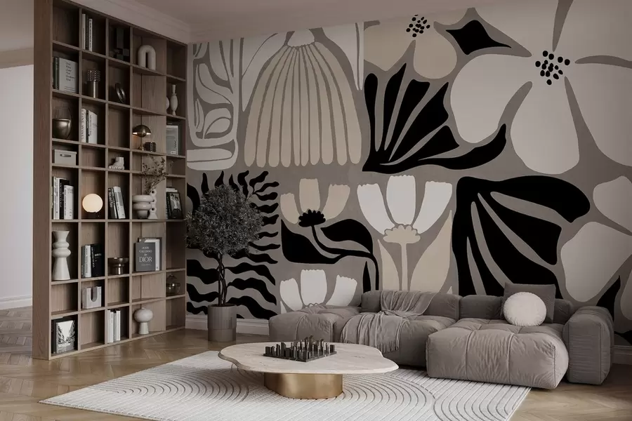 murais de parede Flores e folhas minimalistas modernas em bege, preto e branco, texturizadas sobre um fundo cinza w09547