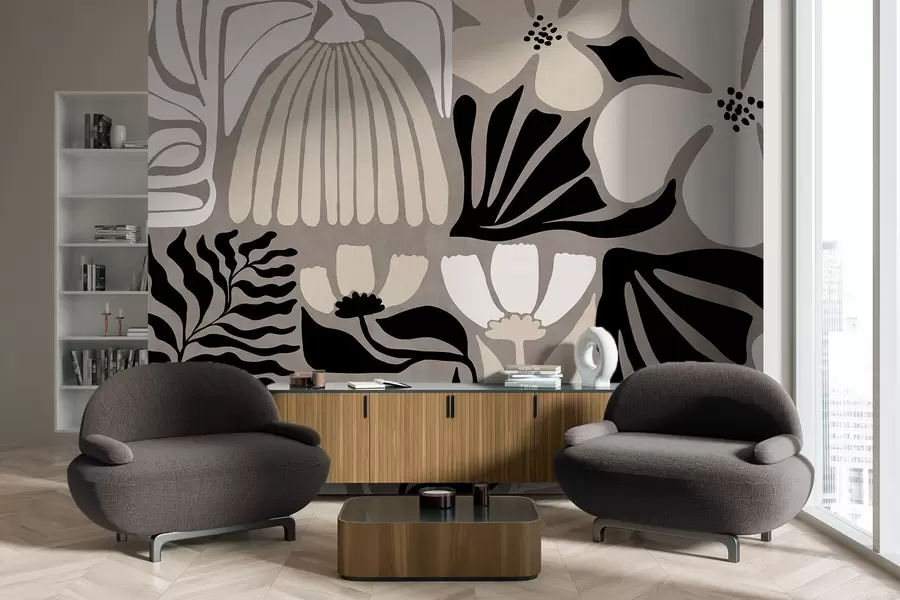 murais de parede Flores e folhas minimalistas modernas em bege, preto e branco, texturizadas sobre um fundo cinza w09547