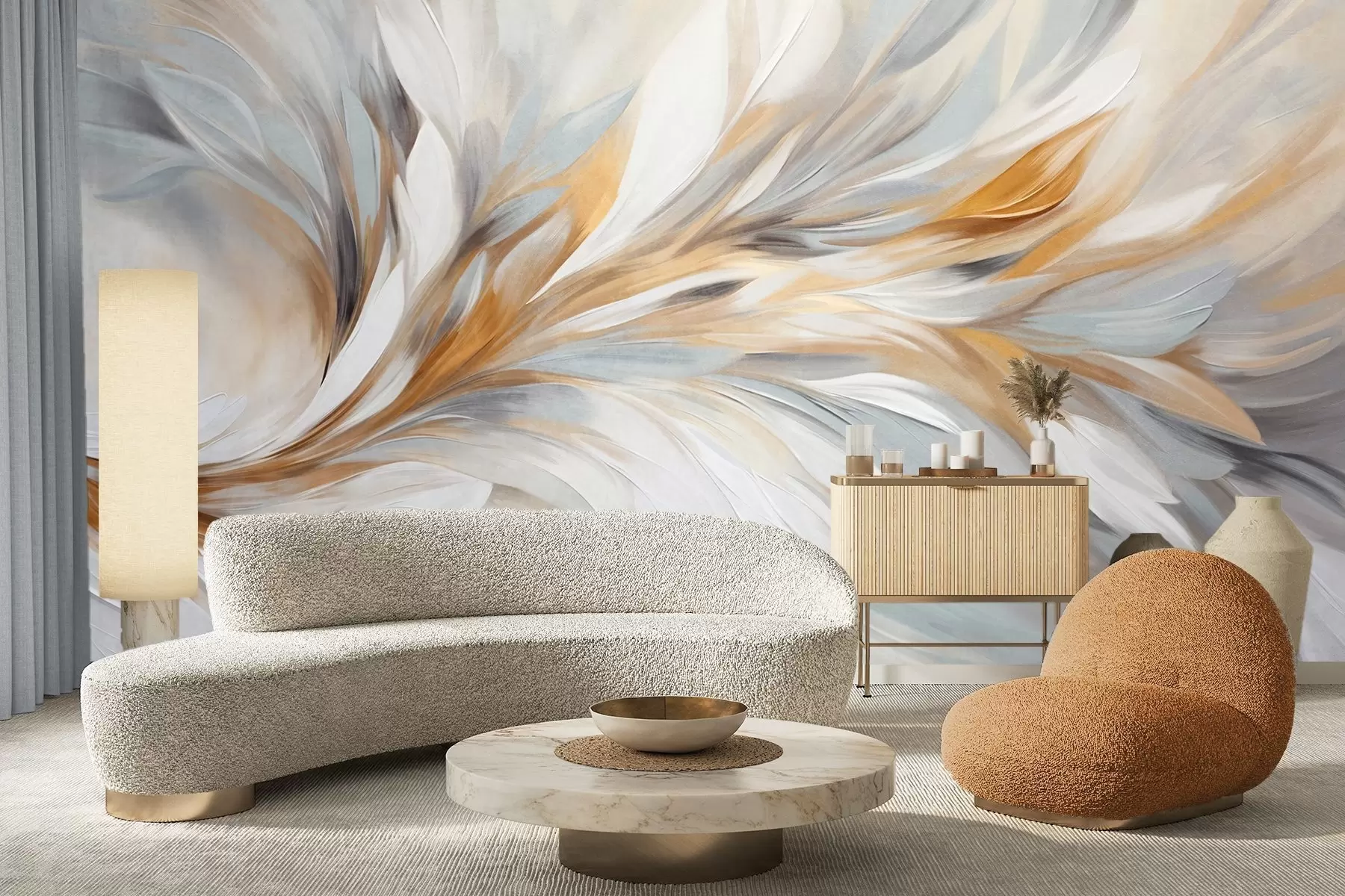 murais de parede Estilo de pintura abstrata com pinceladas texturizadas em branco, amarelo e cinza, com um fundo suave e claro w09552