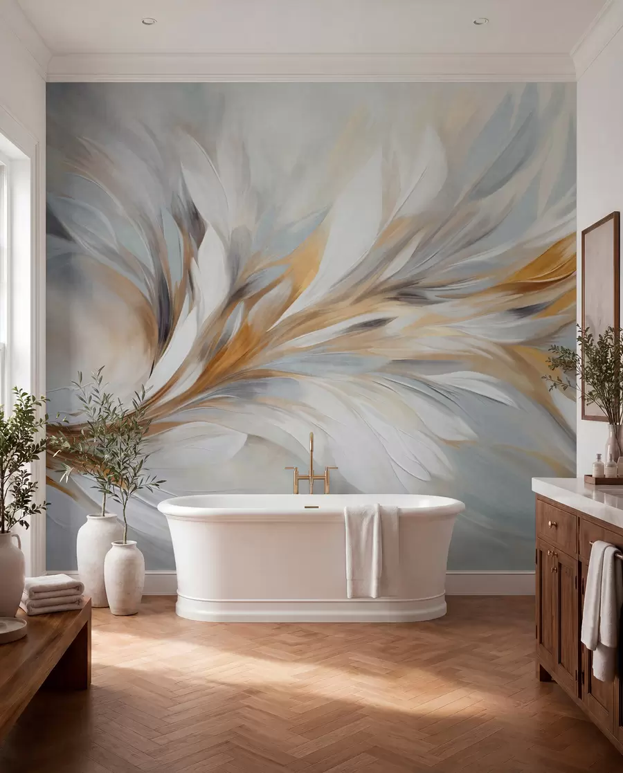 murais de parede Estilo de pintura abstrata com pinceladas texturizadas em branco, amarelo e cinza, com um fundo suave e claro w09552