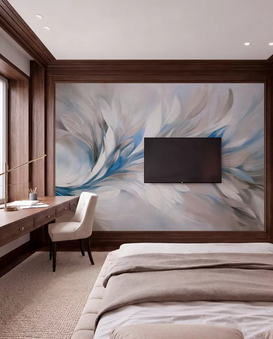 murais de parede Estilo de pintura abstrata com pinceladas texturizadas em branco, azul e cinza com um fundo suave e claro w09552v1