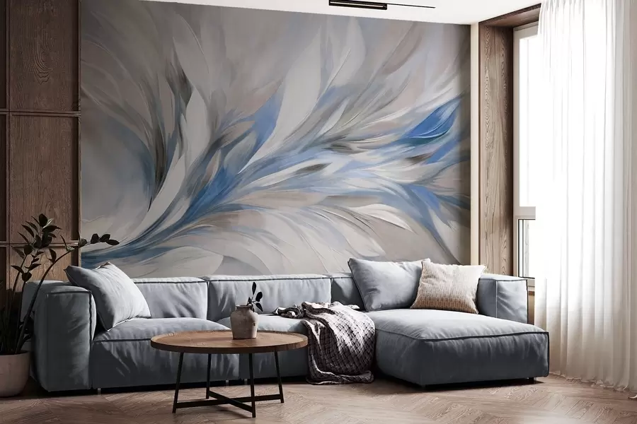 murais de parede Estilo de pintura abstrata com pinceladas texturizadas em branco, azul e cinza com um fundo suave e claro w09552v1