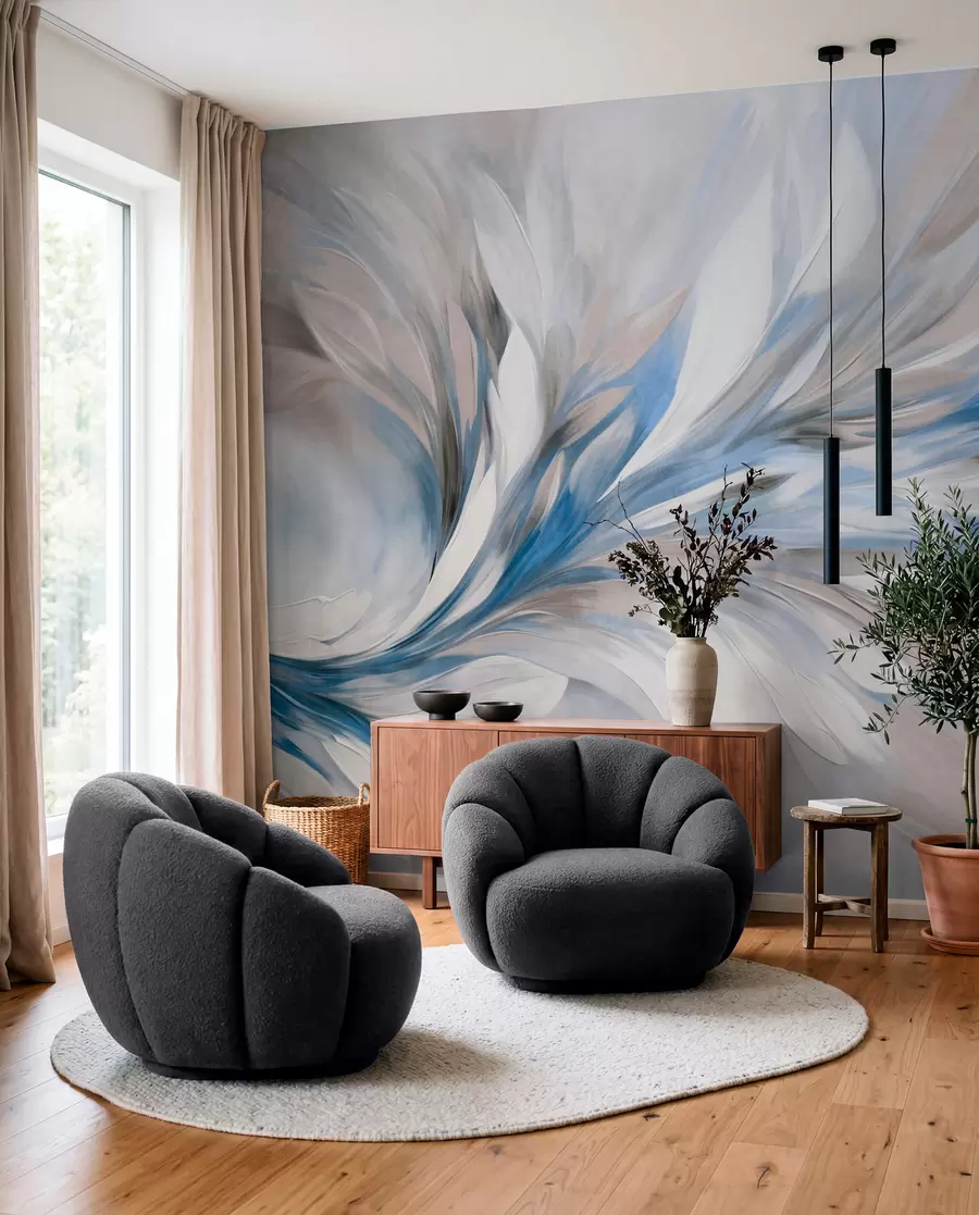 murais de parede Estilo de pintura abstrata com pinceladas texturizadas em branco, azul e cinza com um fundo suave e claro w09552v1