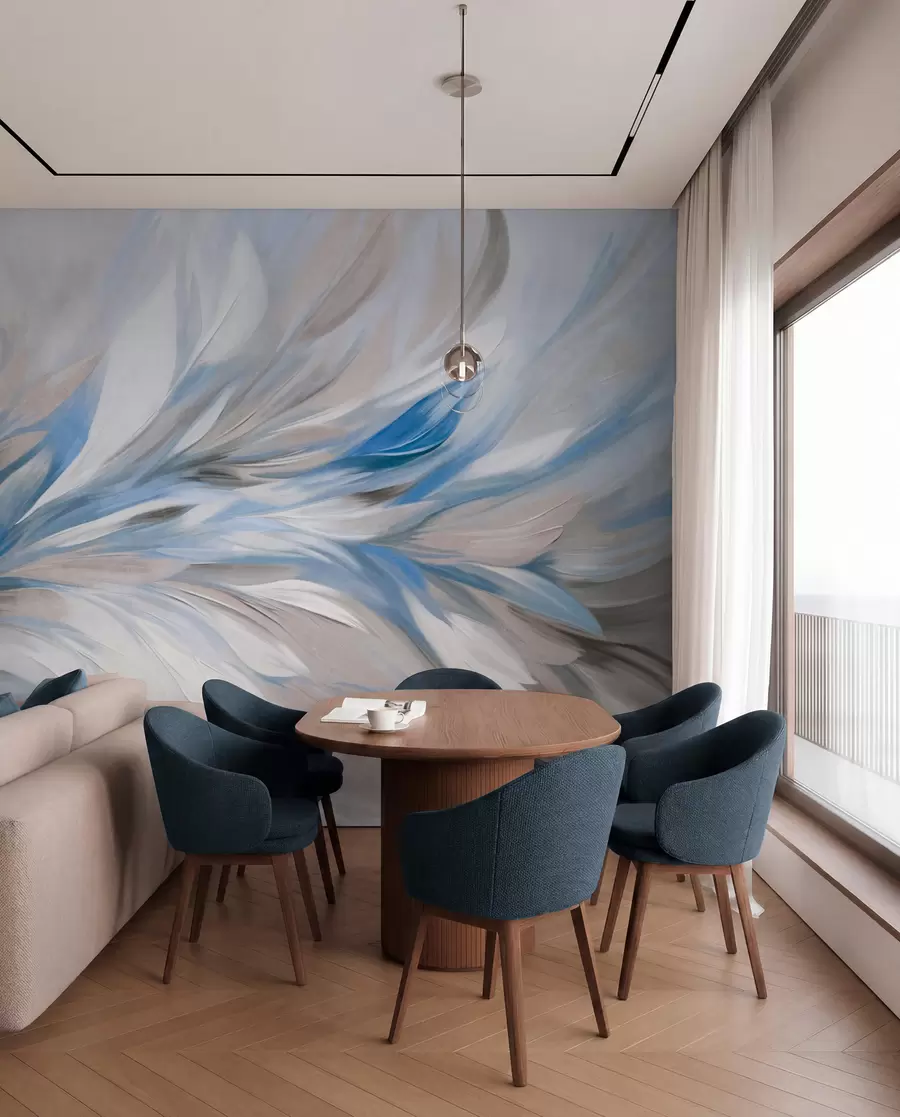 murais de parede Estilo de pintura abstrata com pinceladas texturizadas em branco, azul e cinza com um fundo suave e claro w09552v1