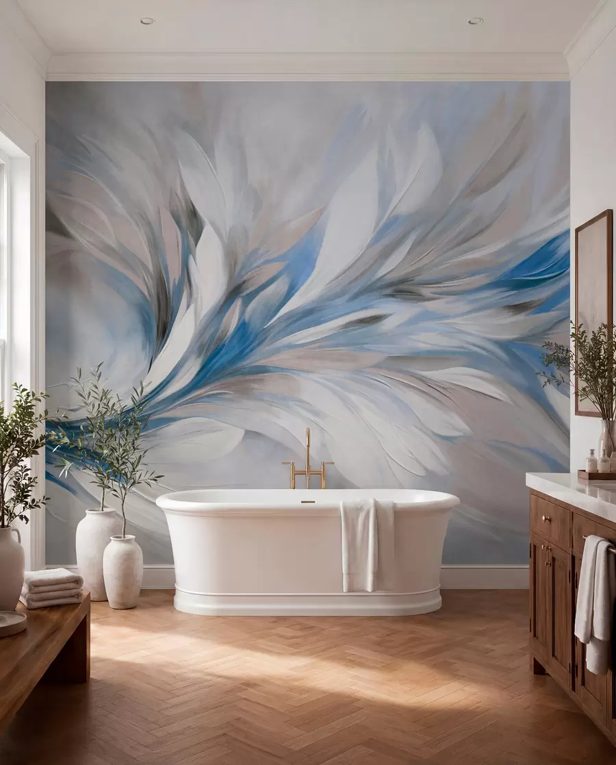 murais de parede Estilo de pintura abstrata com pinceladas texturizadas em branco, azul e cinza com um fundo suave e claro w09552v1
