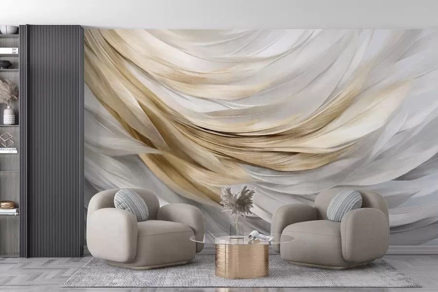 murais de parede Penas abstratas com textura branca, cinza e amarela, criando um padrão fluido e em camadas contra um fundo claro w09557