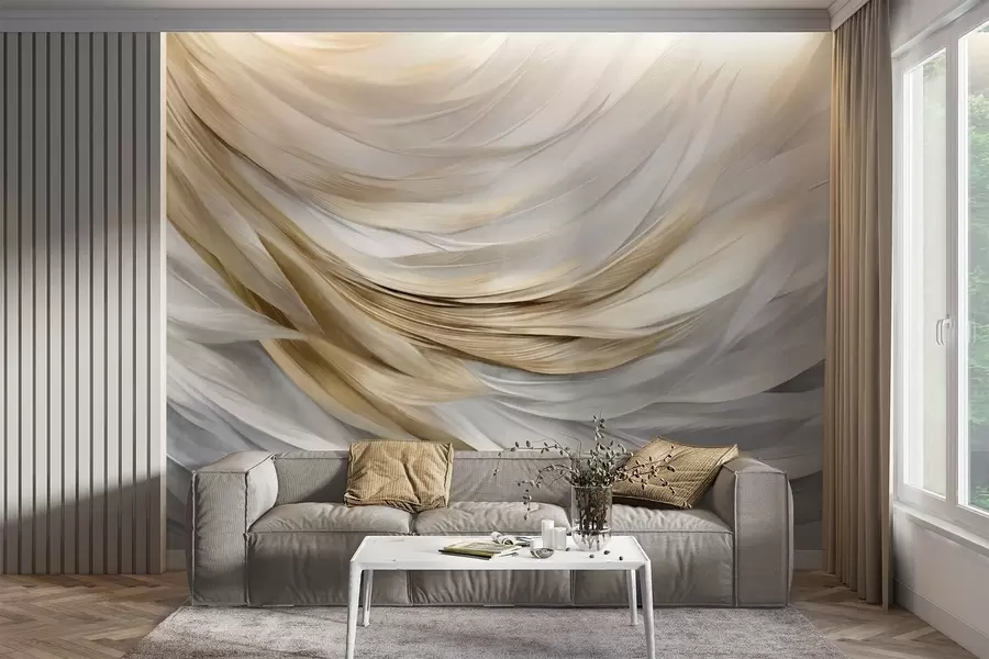 murais de parede Penas abstratas com textura branca, cinza e amarela, criando um padrão fluido e em camadas contra um fundo claro w09557