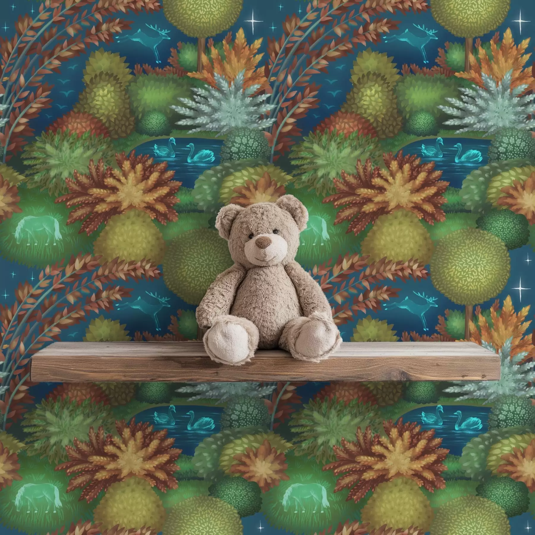 murais de parede Jardim noturno de conto de fadas com um lago e animais luminosos a00851