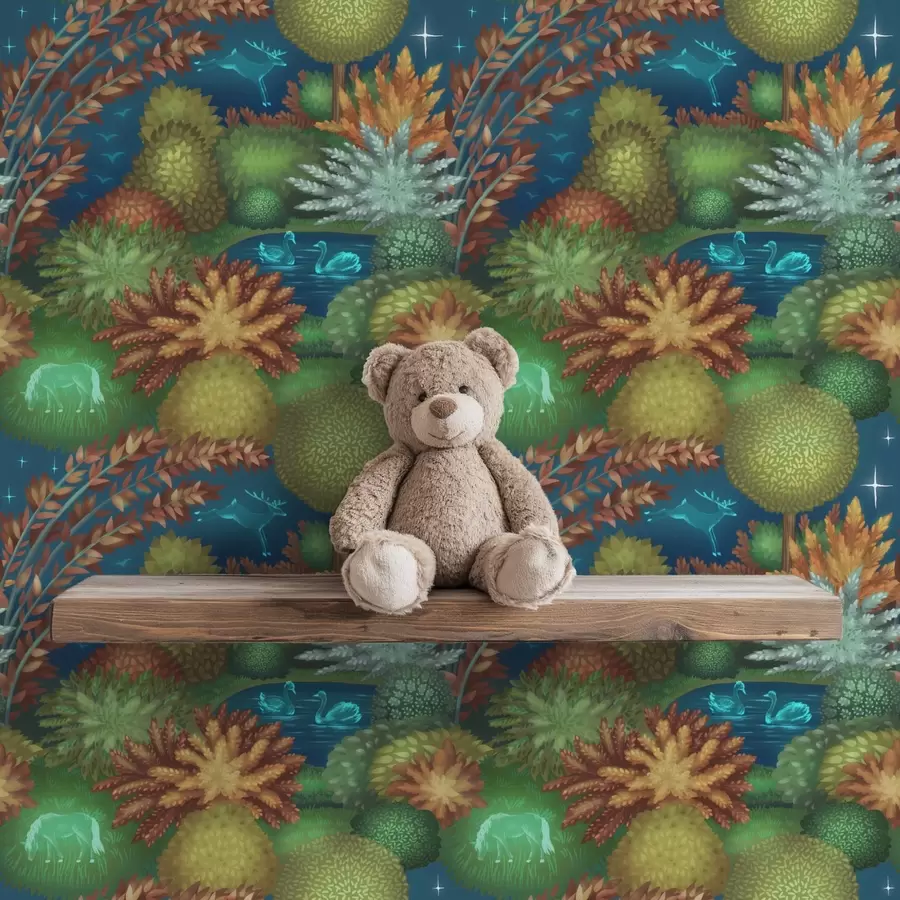 murais de parede Jardim noturno de conto de fadas com um lago e animais luminosos a00851