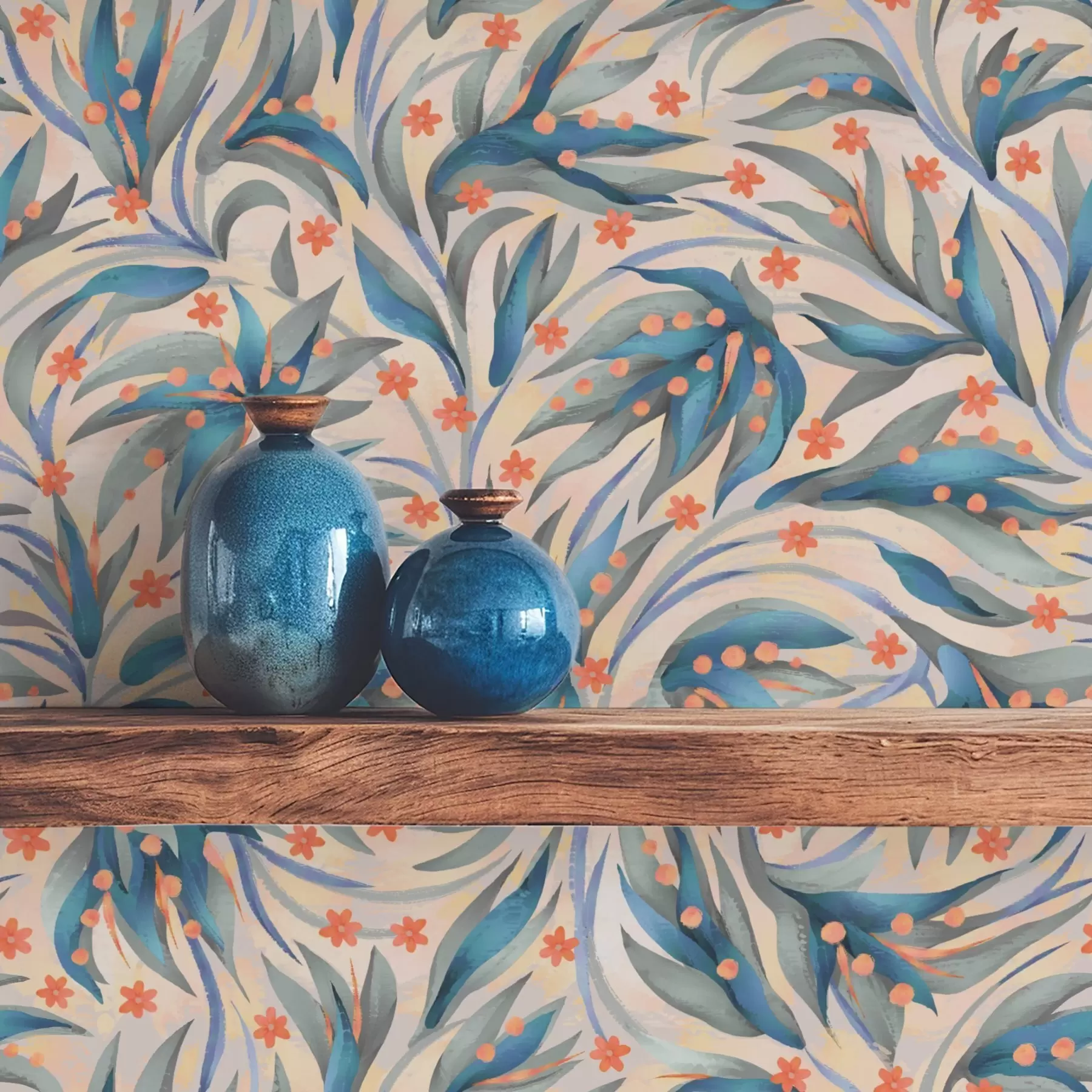 murais de parede Folhagem azul abstrata com flores corais a00852