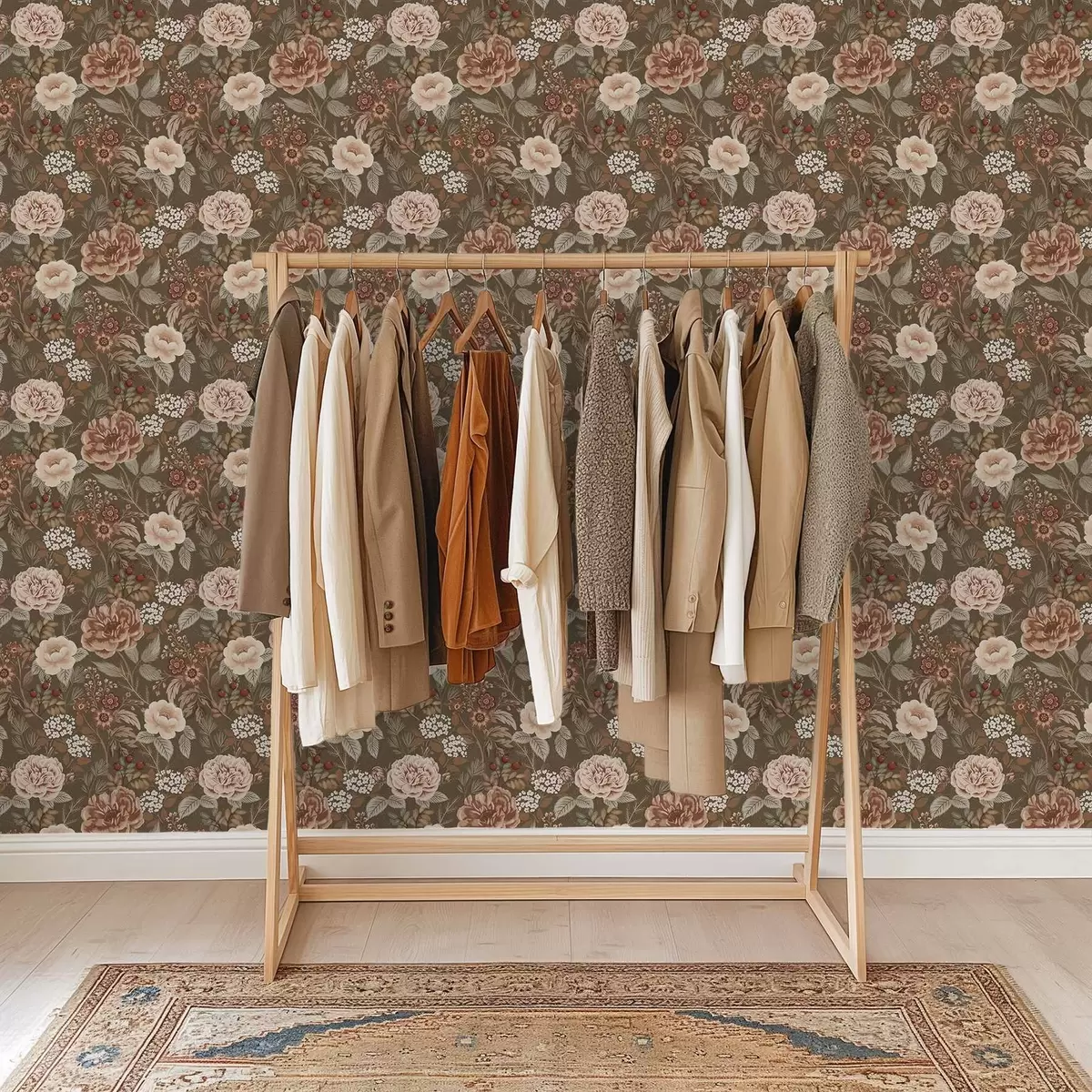 Papel de parede Rosas e bagas quentes sobre um fundo castanho a00868