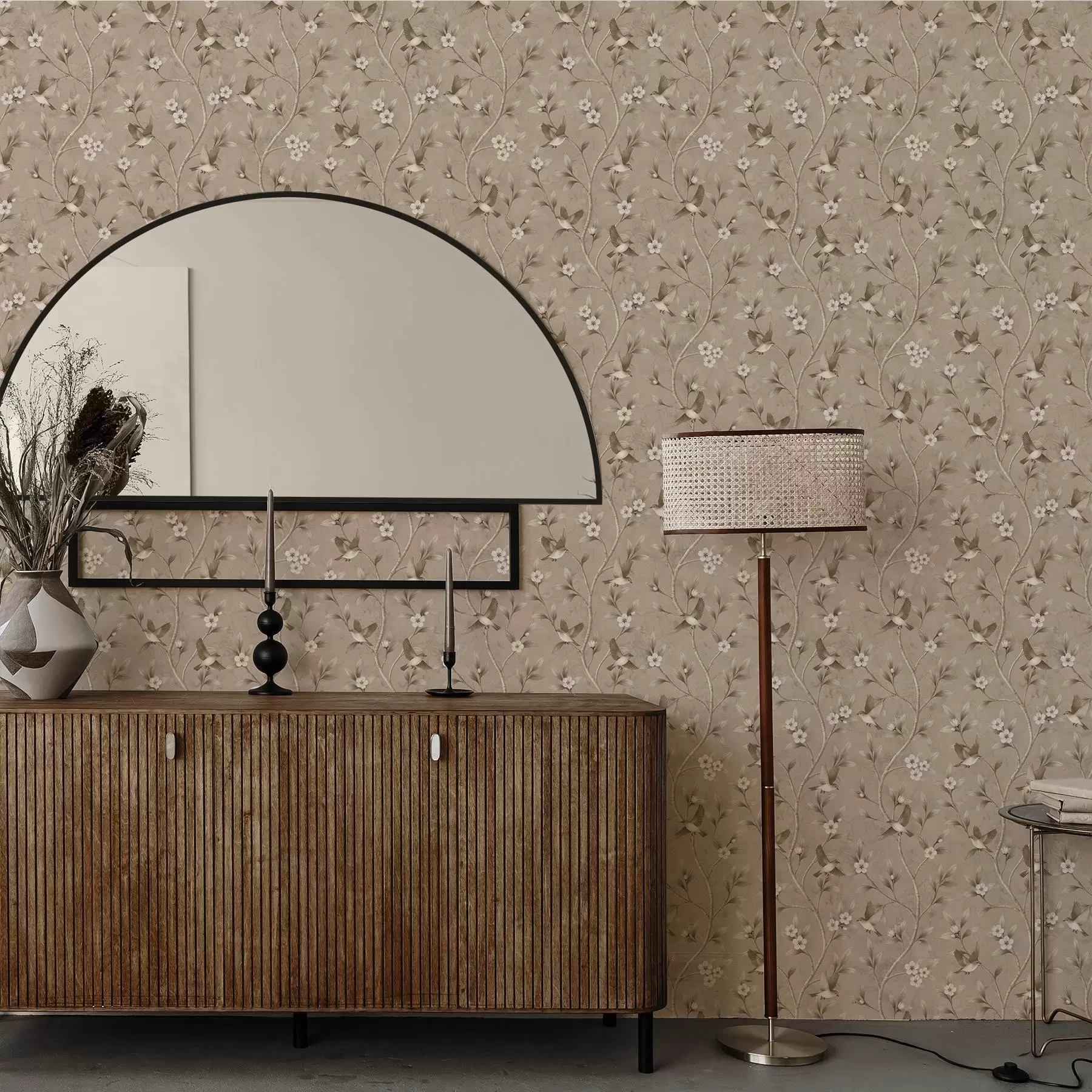 murais de parede Pássaros e galhos floridos em tons sépia quentes a00882