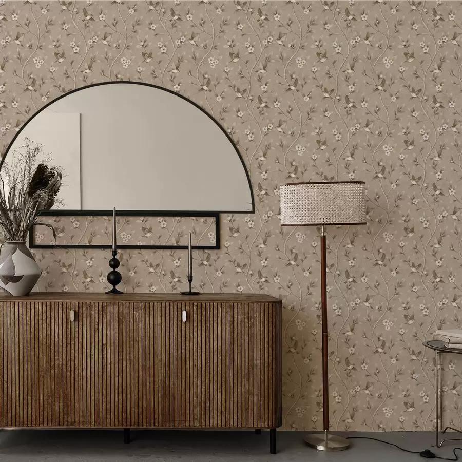 murais de parede Pássaros e galhos floridos em tons sépia quentes a00882