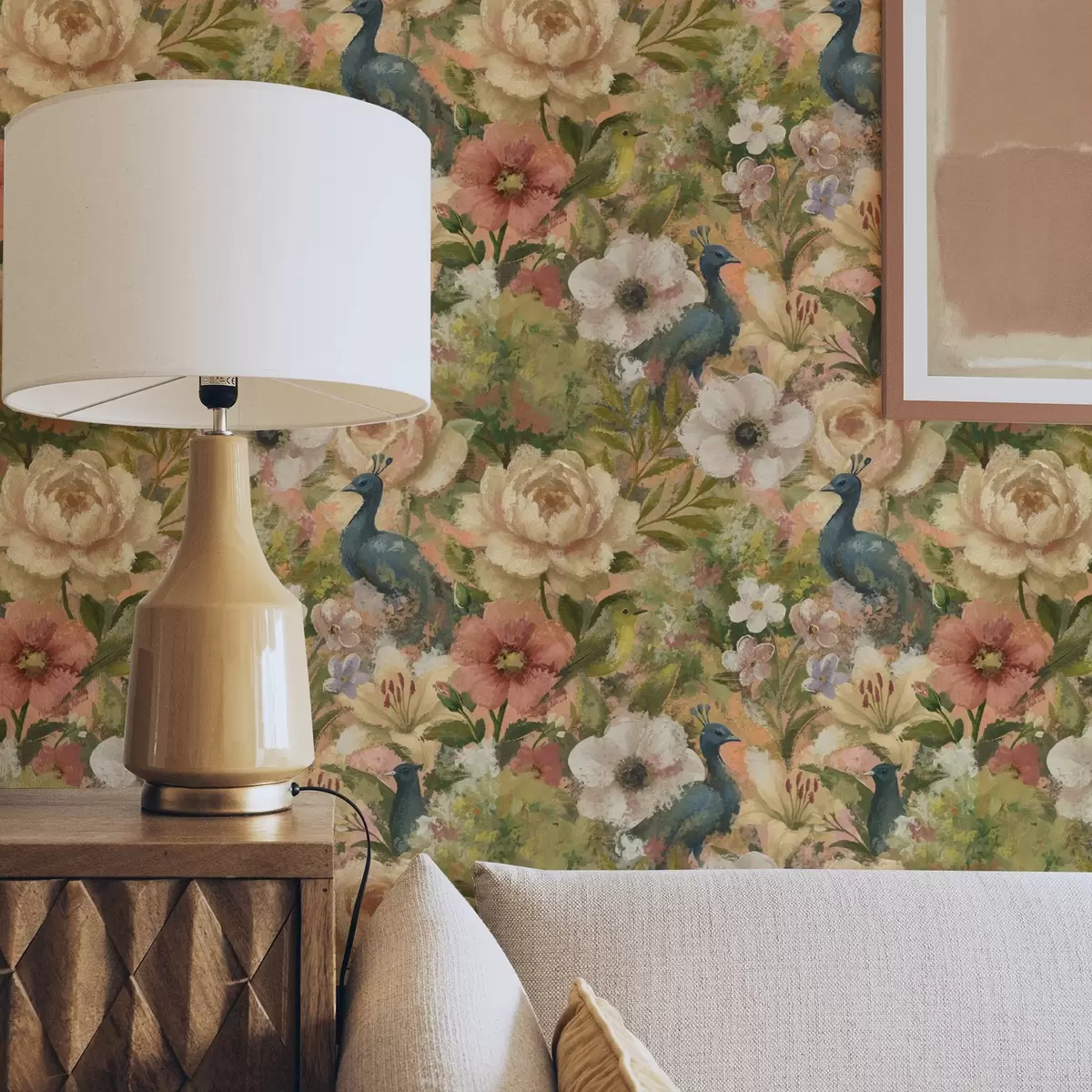 Papel de parede Jardim pitoresco com pavões e flores grandes a00885