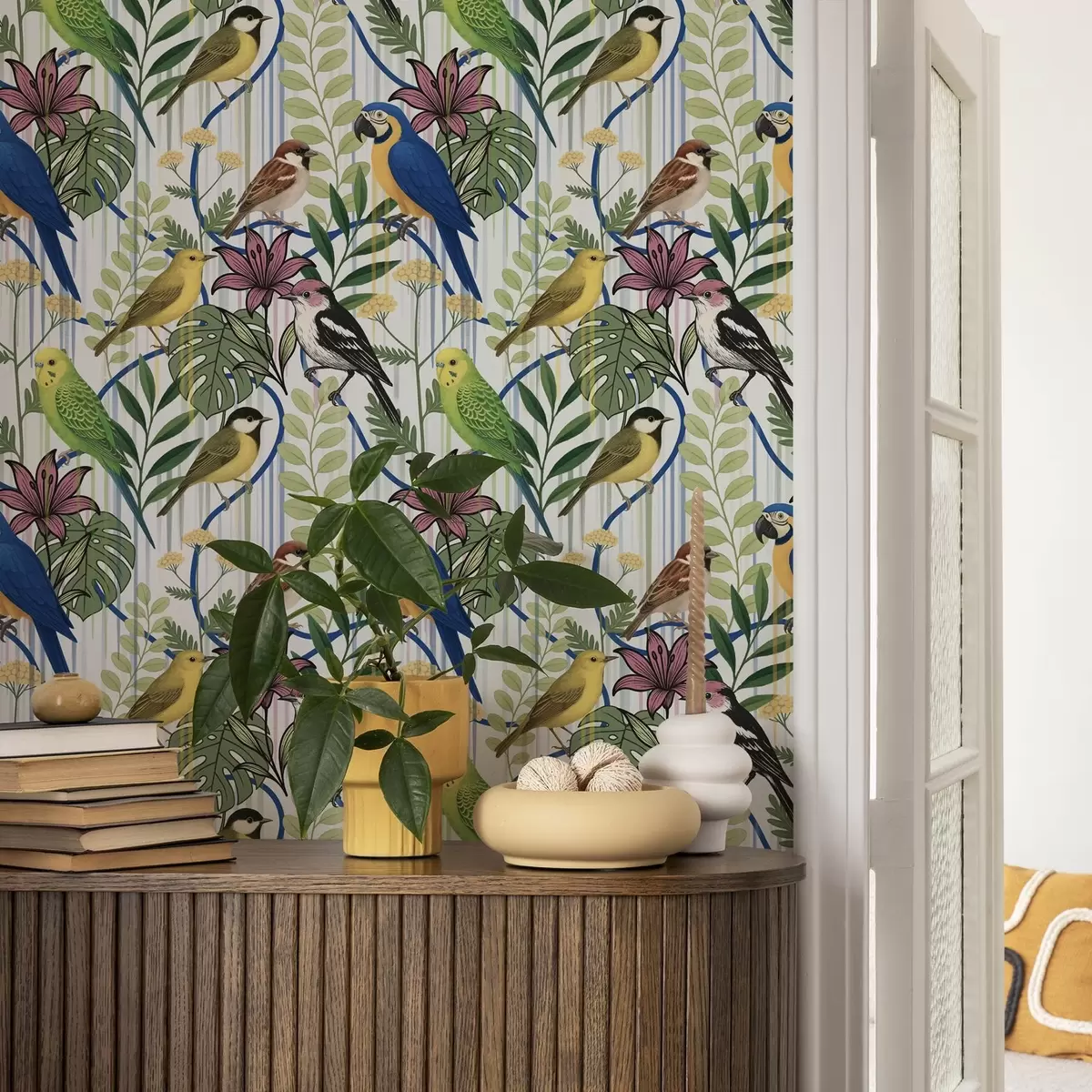 Papel de parede Pássaros exóticos coloridos entre a vegetação tropical a00887