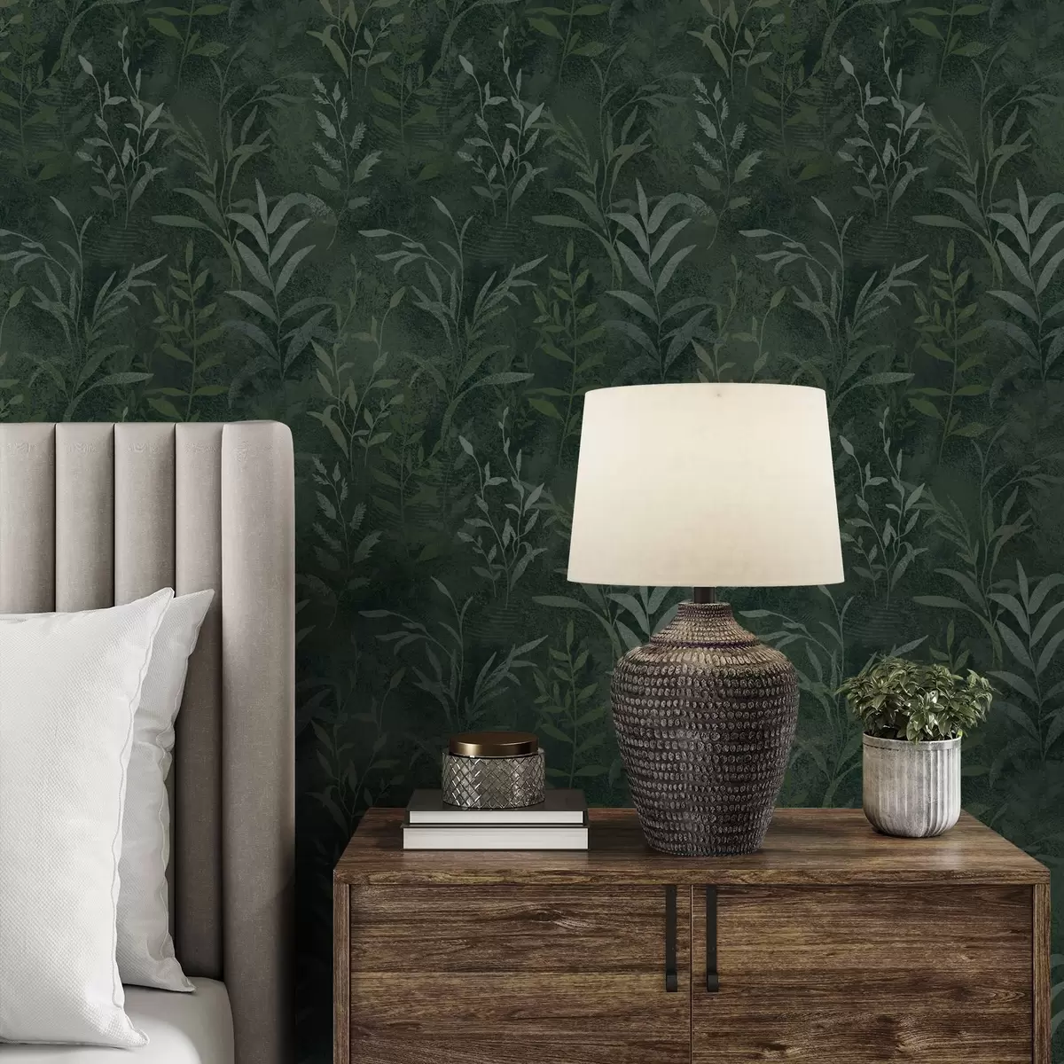 Papel de parede Fundo verde escuro com galhos de folhas translúcidos a00888