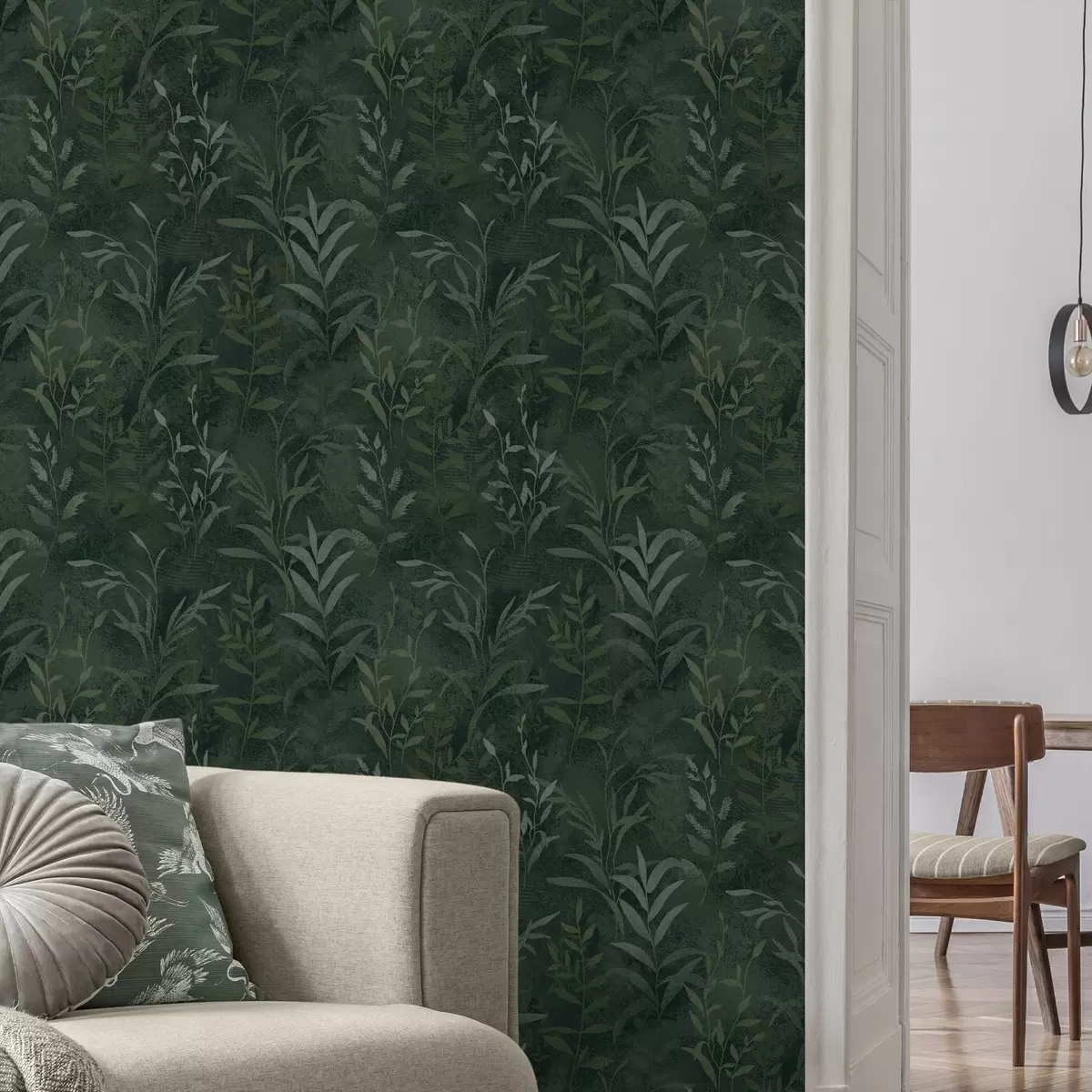 Papel de parede Fundo verde escuro com galhos de folhas translúcidos a00888