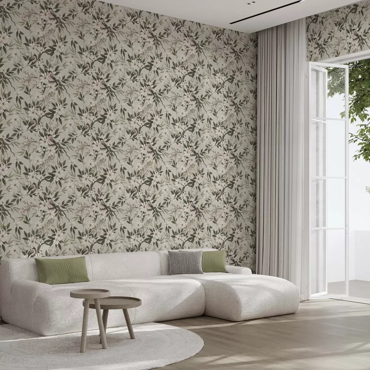 Papel de parede Pintassilgos com peitos brancos em galhos com flores creme a00889