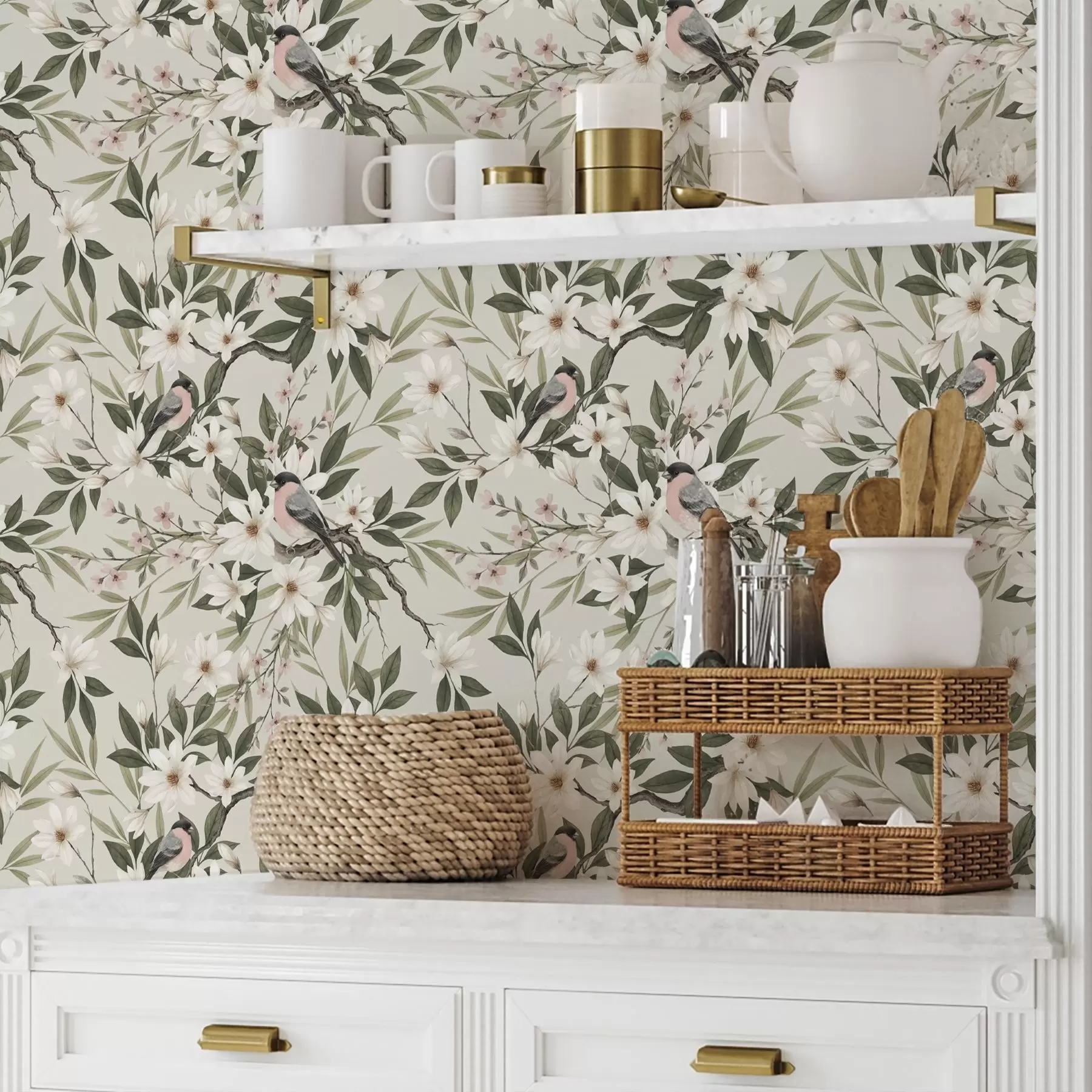 murais de parede Pintassilgos com peitos brancos em galhos com flores creme a00889