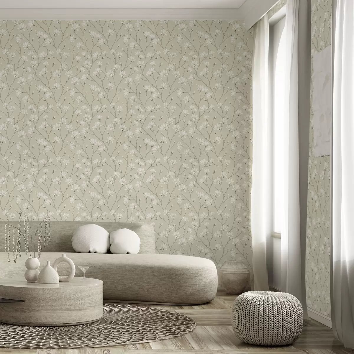 Papel de parede Magnólias claras em galhos finos bege a00890