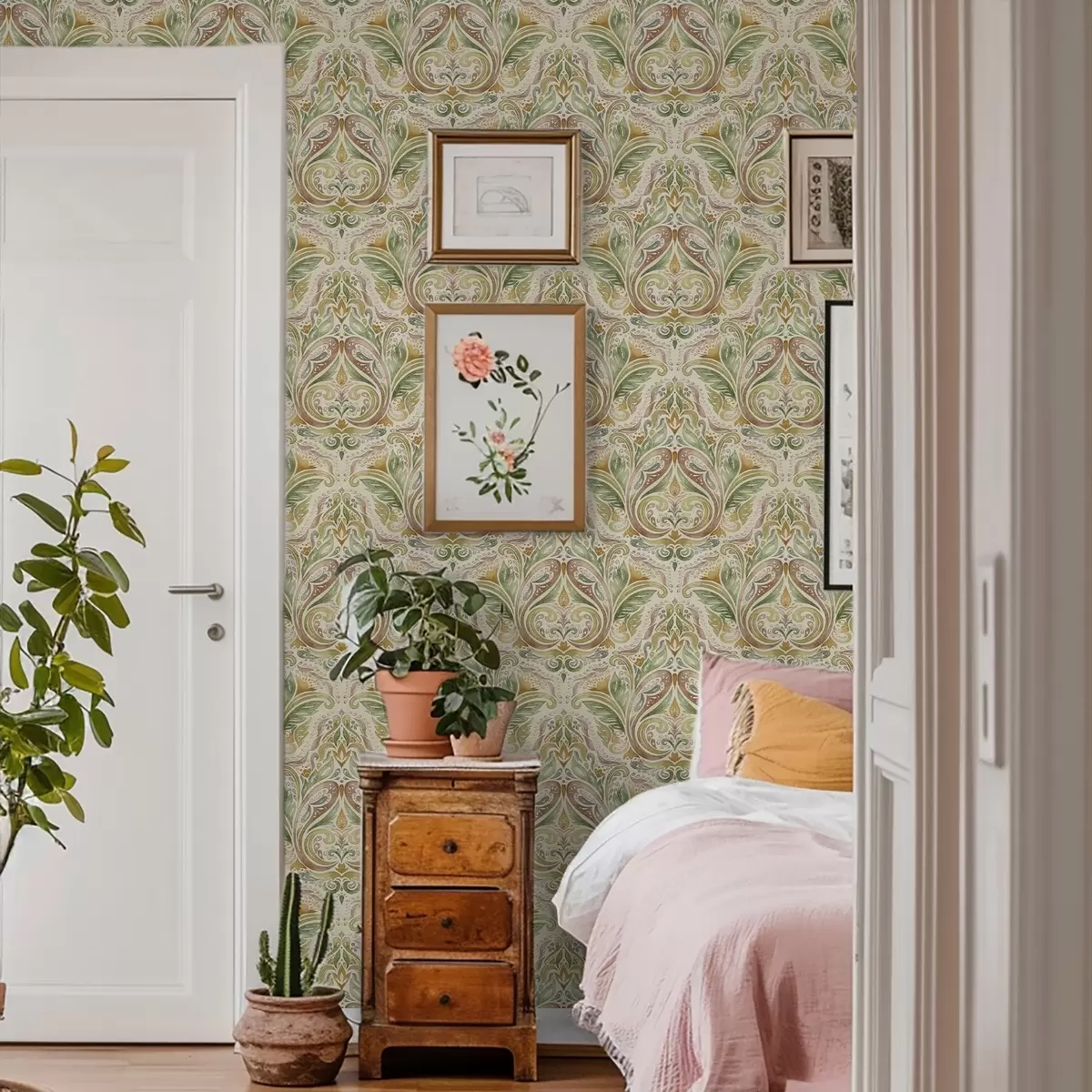 Papel de parede Espirais folhosas em tons de verde e ocre quente pintadas em aquarela a00927