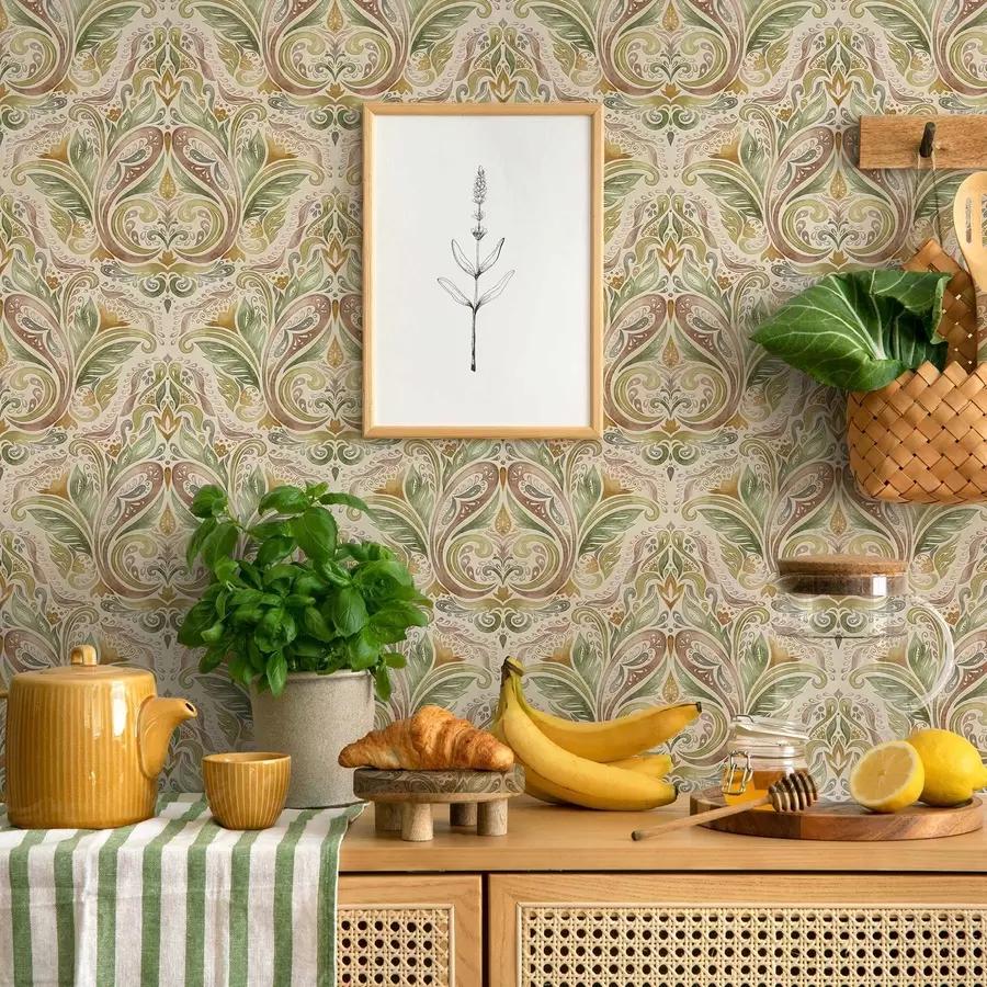 murais de parede Espirais folhosas em tons de verde e ocre quente pintadas em aquarela a00927