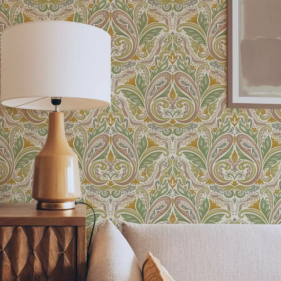 murais de parede Espirais ornamentais folhosas em tons de verde e terracota a00927v1