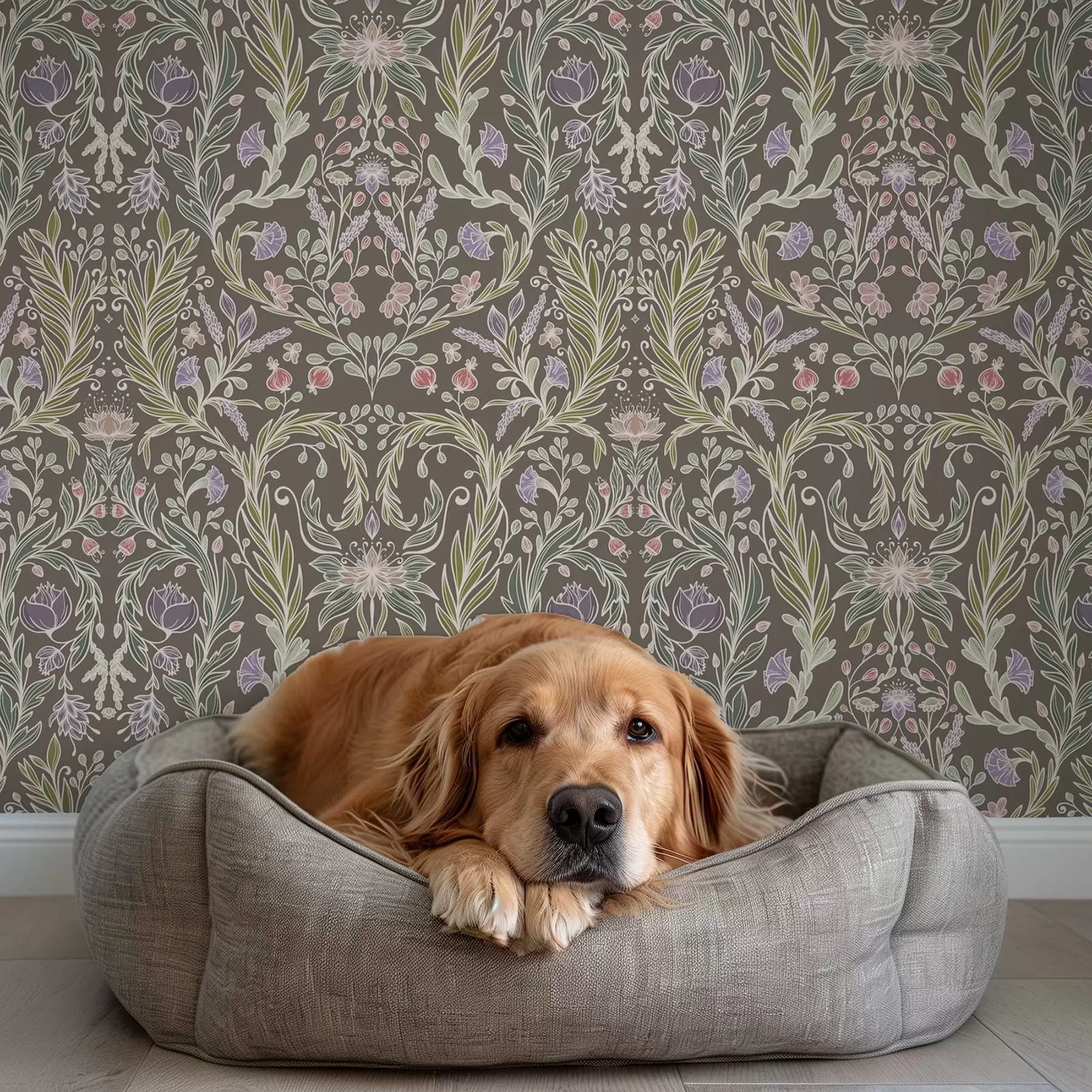 murais de parede Flores e folhas simétricas sobre um fundo cinza-acastanhado a00928v2