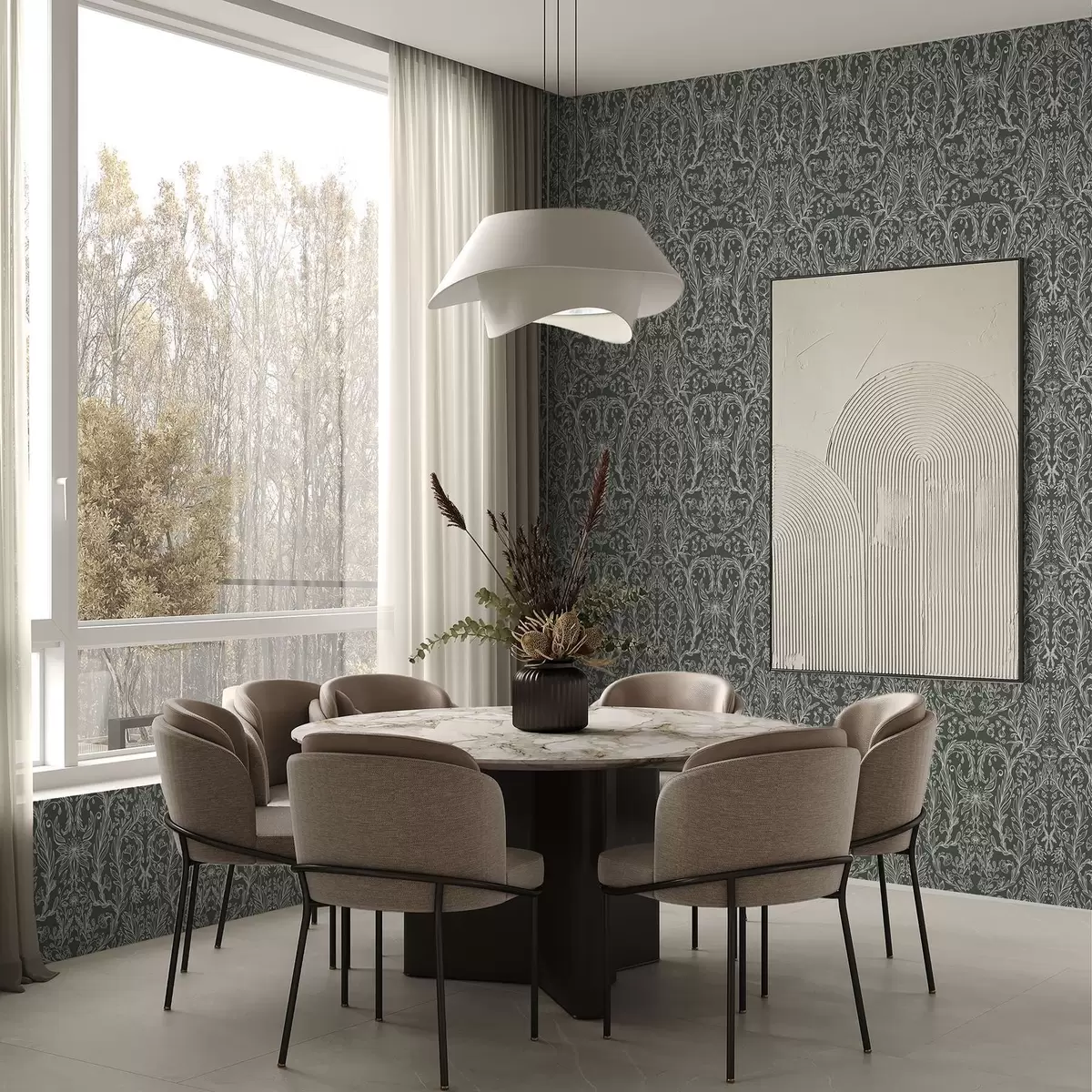 Papel de parede Padrão floral linear sobre fundo verde escuro a00929