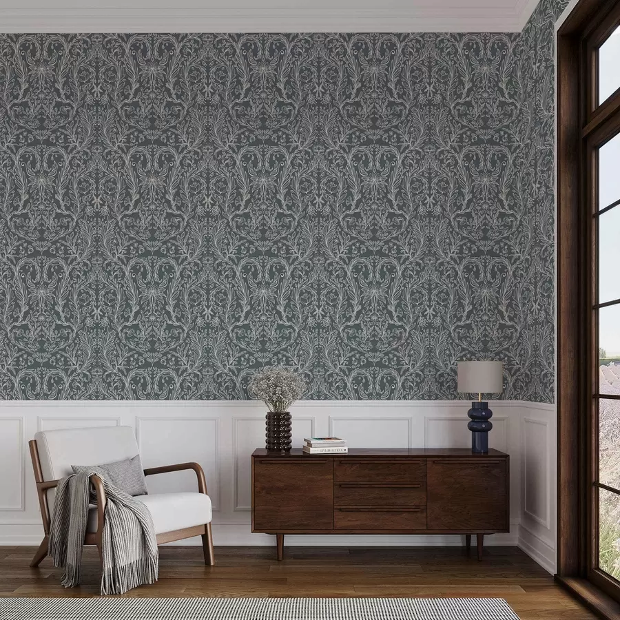 murais de parede Ornamento floral linear sobre fundo cinza-azulado a00929v1