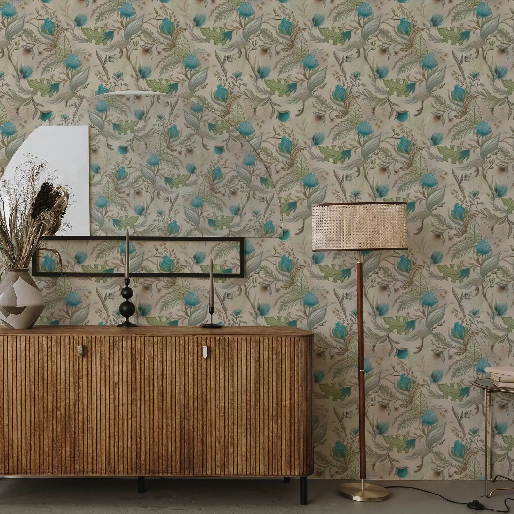 murais de parede Botões e folhas azuis sobre um fundo bege claro a00930