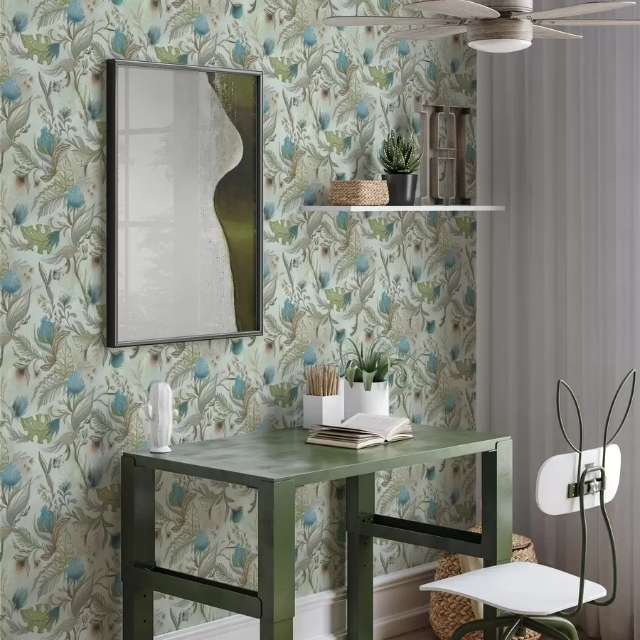 murais de parede Flores azuis e folhagem sobre um fundo suave em tom menta a00930v1