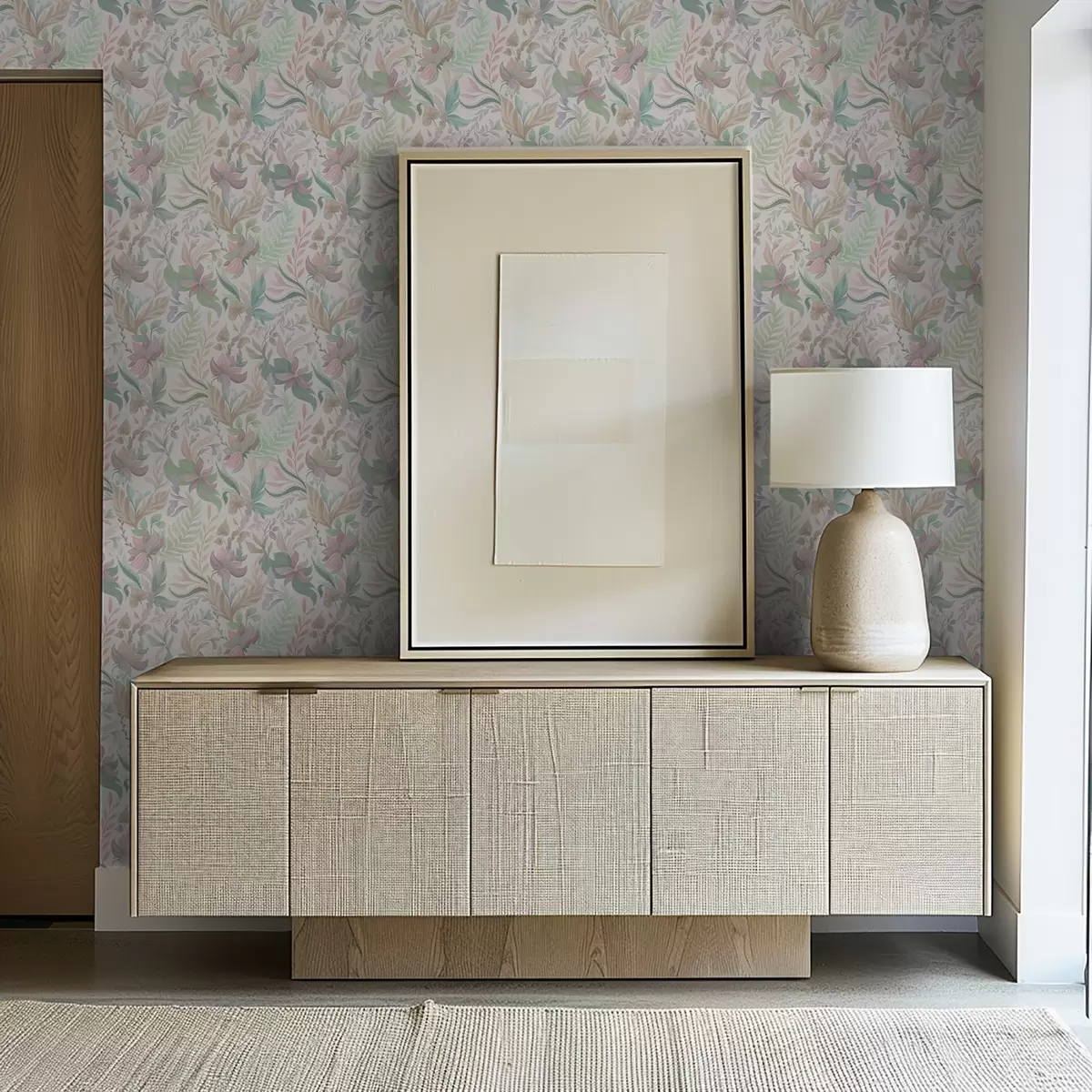 Papel de parede Delicadas flores e folhas em tons pastel sobre um fundo claro a00931