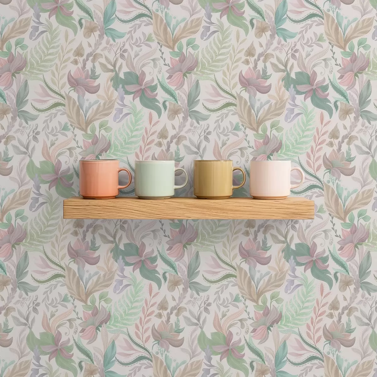 Papel de parede Delicadas flores e folhas em tons pastel sobre um fundo claro a00931