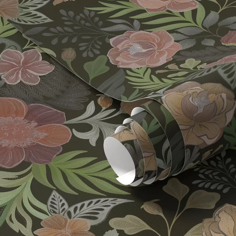 murais de parede Flores exuberantes e vegetação em um fundo escuro profundo a00932