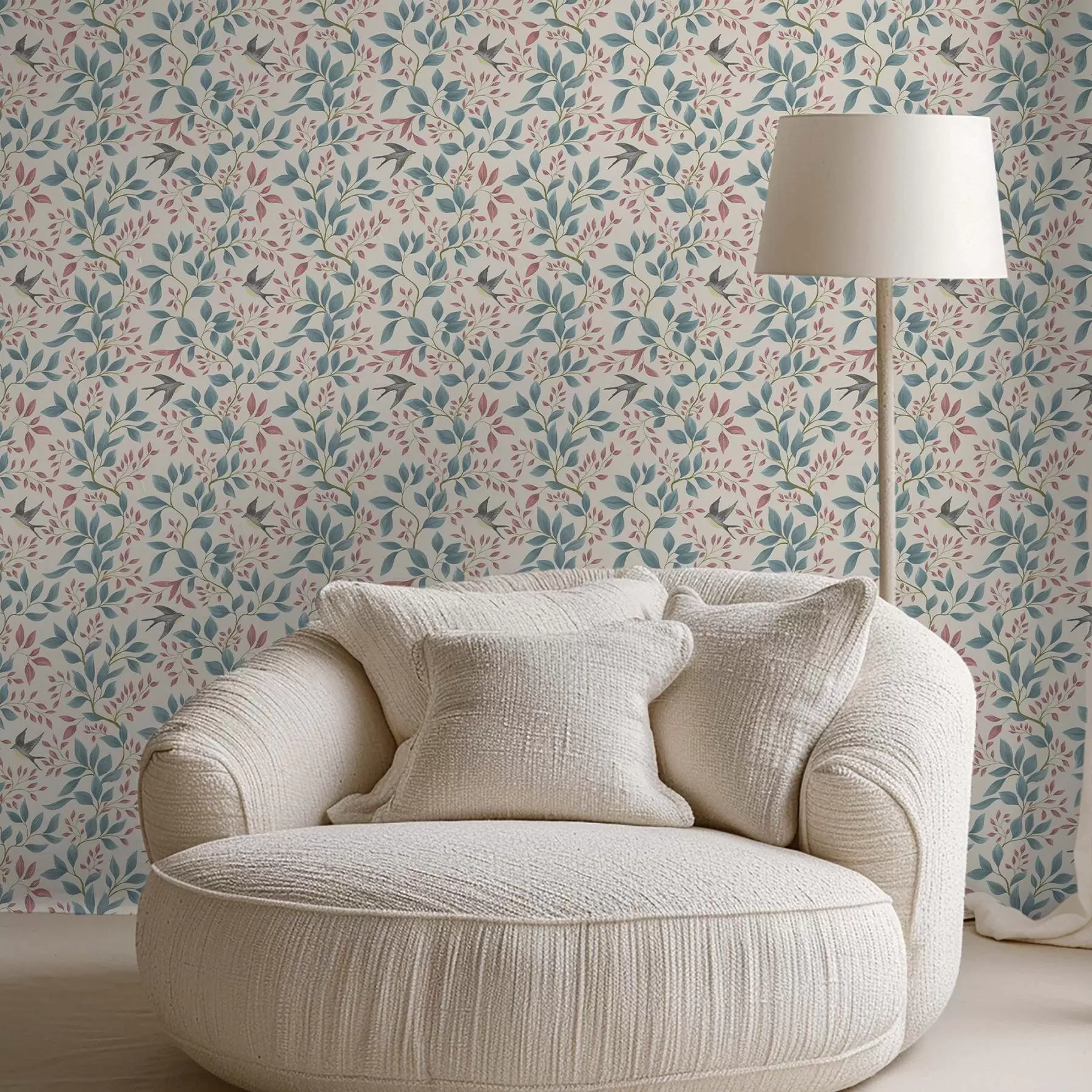 murais de parede Galhos azuis e rosa com pássaros sobre um fundo creme a00933