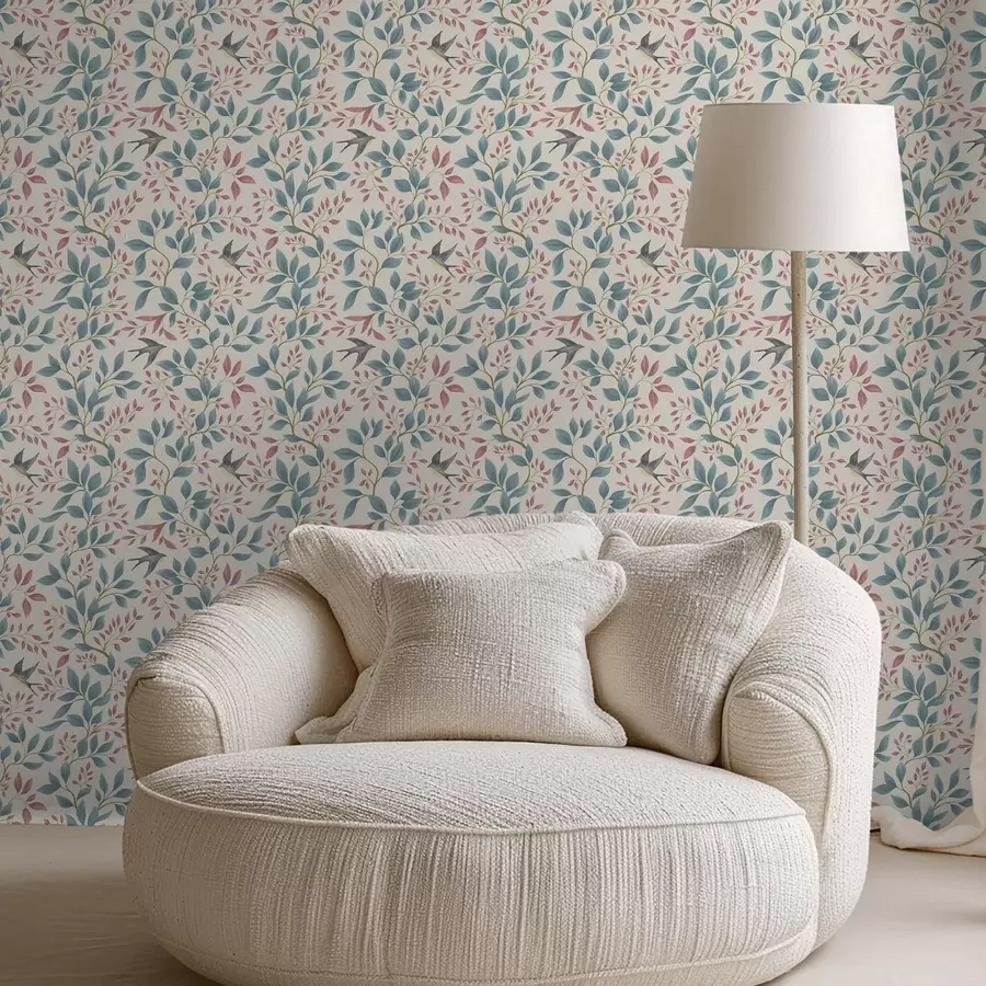 murais de parede Galhos azuis e rosa com pássaros sobre um fundo creme a00933