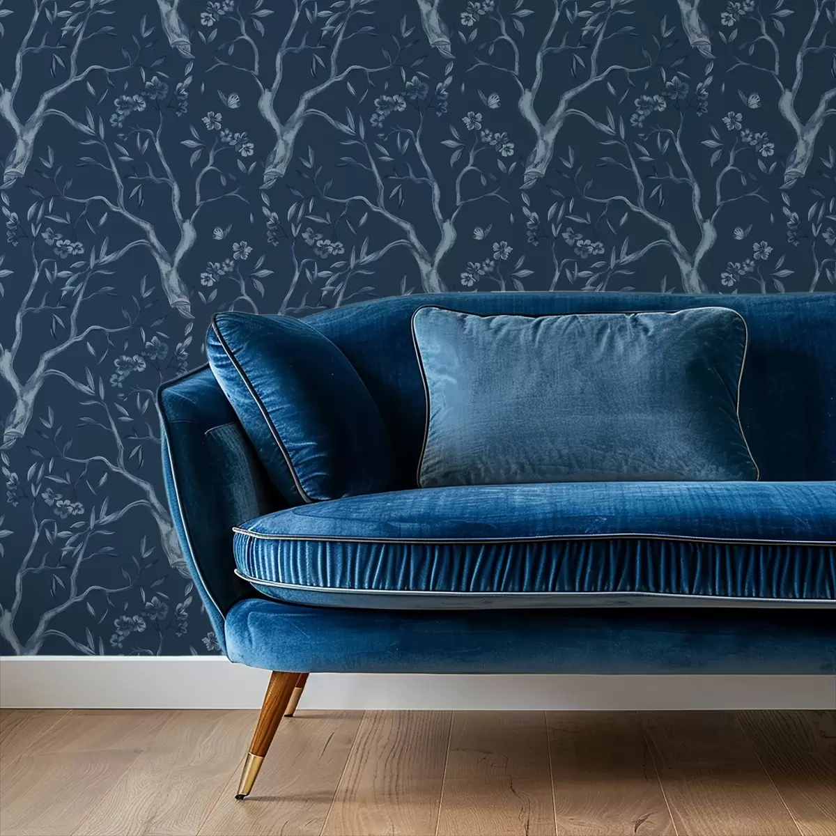 Papel de parede Galhos com flores azuis e borboletas sobre um fundo escuro a00951v1