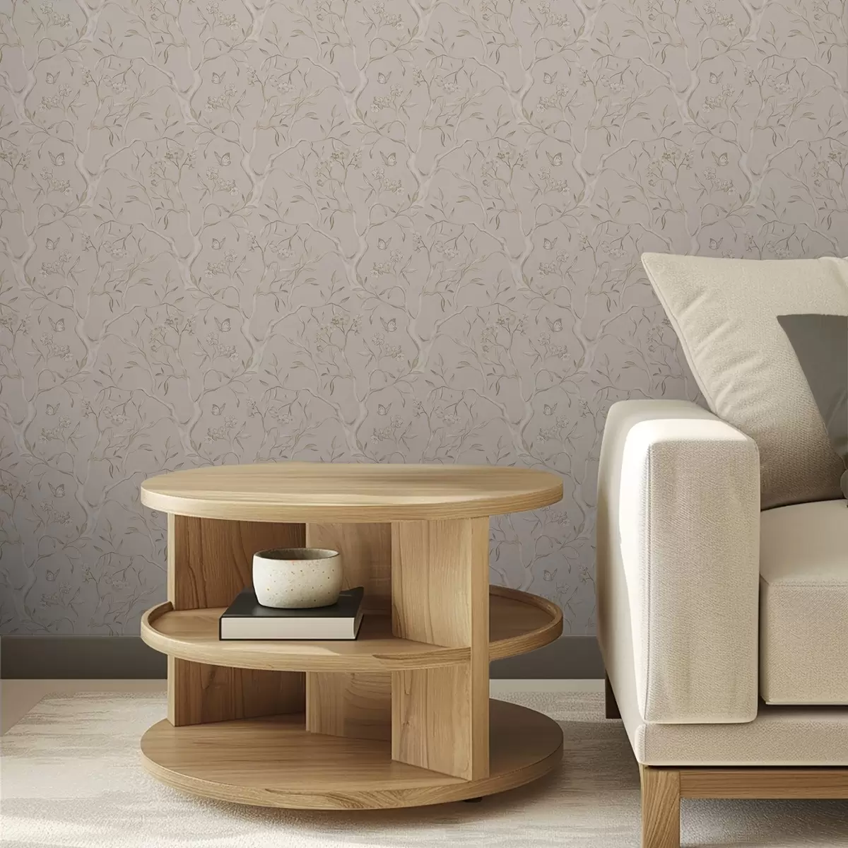 Papel de parede Galhos floridos bege com borboletas em um fundo suave a00951v2