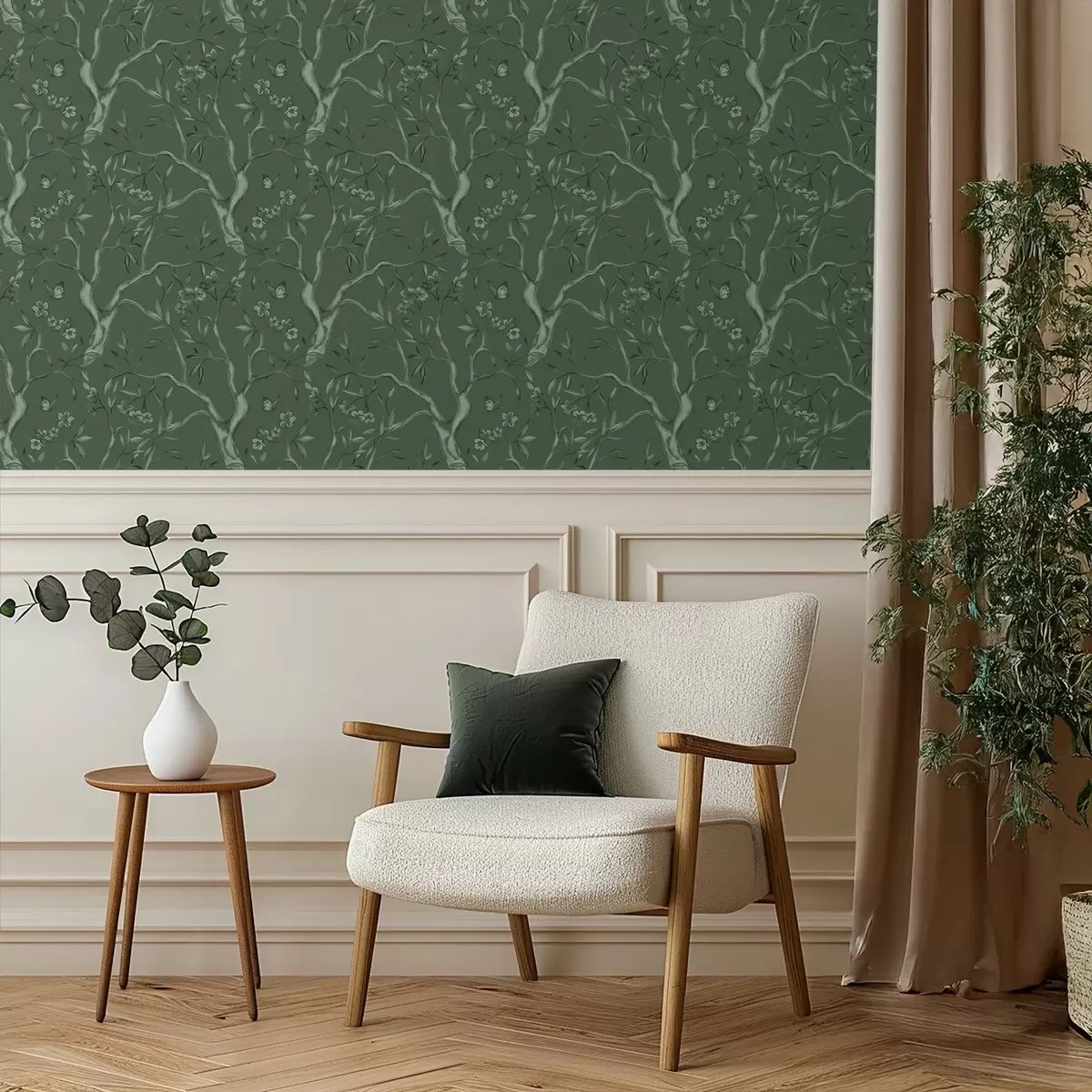 Papel de parede Galhos verdes floridos com borboletas em um fundo escuro a00951v3