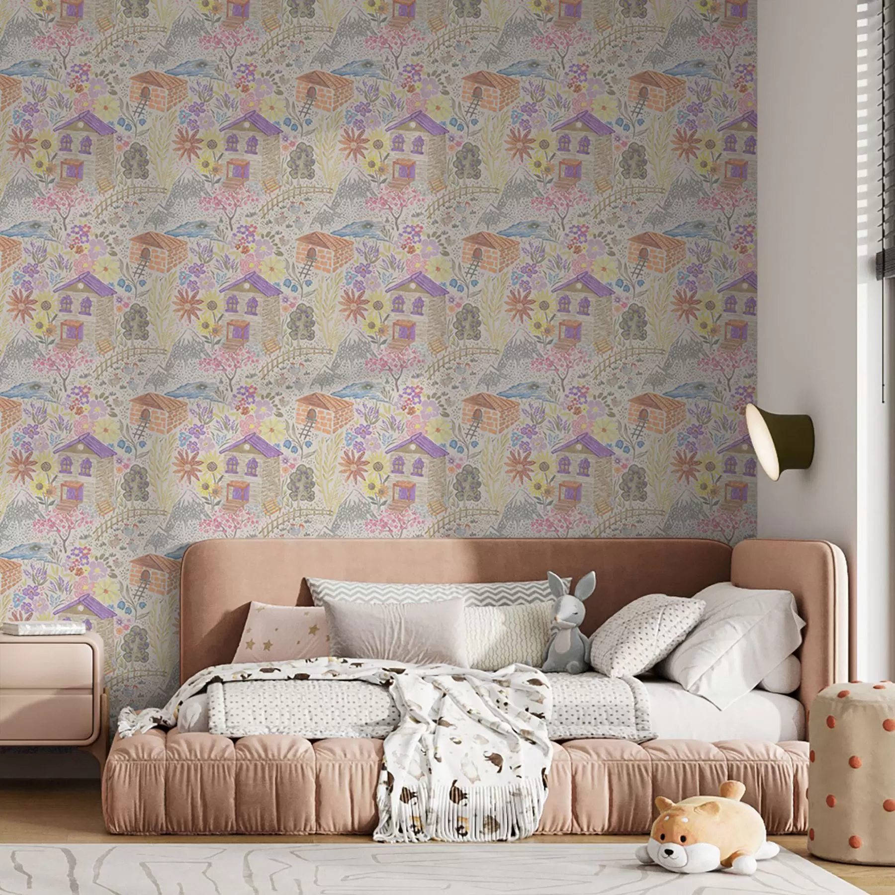 murais de parede Desenho infantil de uma vila com uma casa, montanhas e flores a00952