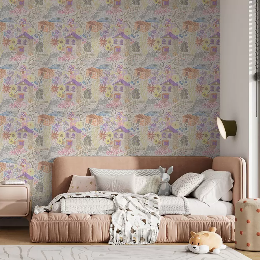 murais de parede Desenho infantil de uma vila com uma casa, montanhas e flores a00952