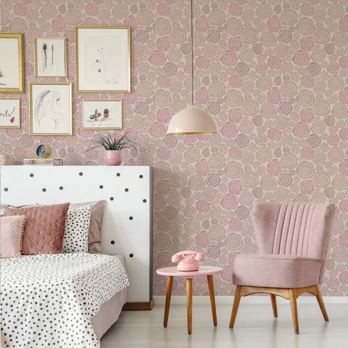 Papel de parede Rosas rosa em espiral e salpicos sobre um fundo claro a00955