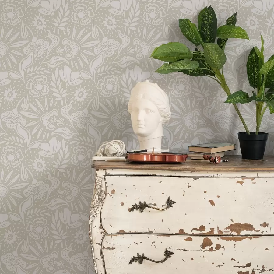 murais de parede Ornamento floral linear branco sobre fundo bege a00956